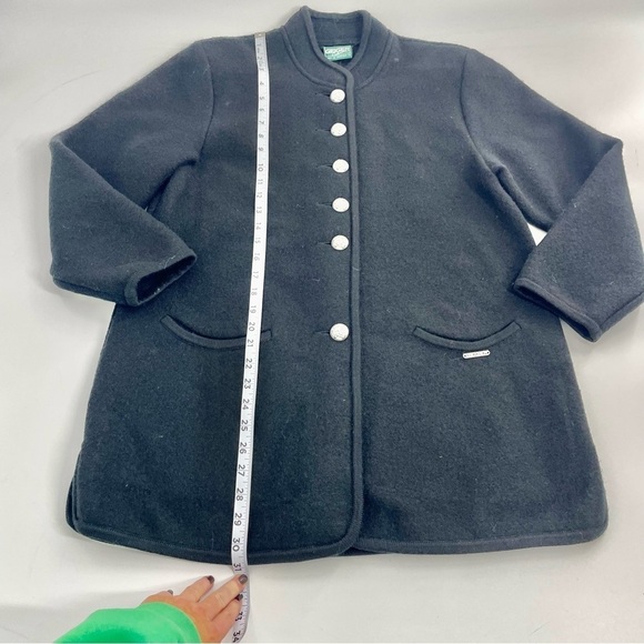 VINTAGE Geiger of Austria Smiley Black Boiled Wool Winter Coat Cardigan Jacket S - Picture 10 of 13